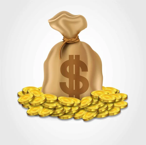 Saco de dólar con pila de monedas de oro — Vector de stock
