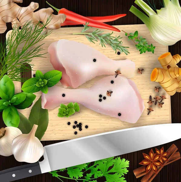 Gewürze und Kräuter und Hühnerfleisch mit Schneidebrett und Messer — Stockvektor
