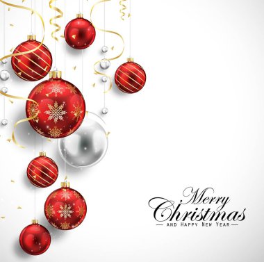 Kırmızı topları ve altın flamalar ile neşeli Noel ve mutlu yeni yıl kartı