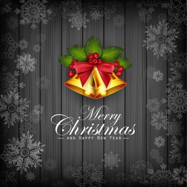 Kar taneleri, holly ve altın çan ile Noel koyu ahşap arka plan
