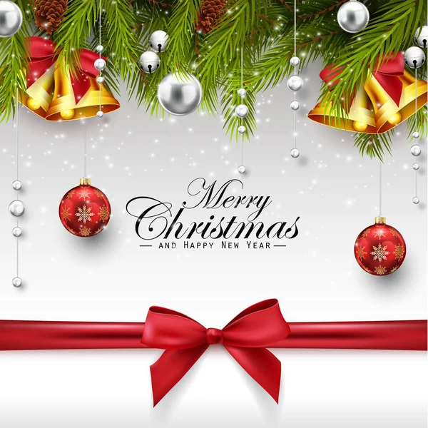 Рождественское украшение еловыми ветками, красными и белыми шариками, золотыми колокольчиками и красным бантом — стоковый вектор