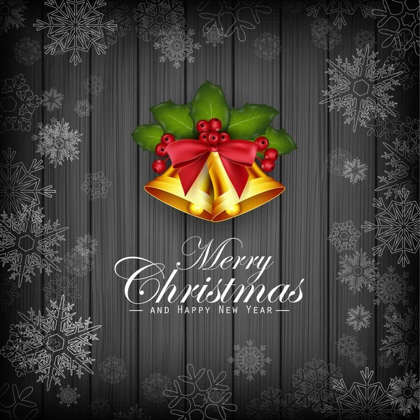 Різдвяний темно-дерев'яний фон зі сніжинками, голлі та золотими дзвонами — стоковий вектор
