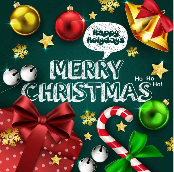 Tarjeta de felicitación de Navidad con caja de regalo y bolas de colores — Vector de stock