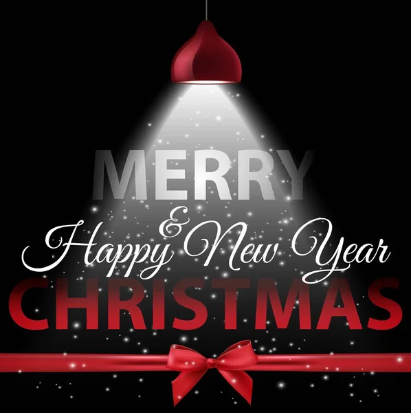 Proyector blanco con letras y lazo rojo sobre fondo negro. Feliz Navidad y Feliz Año Nuevo — Vector de stock