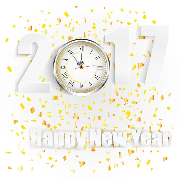 Gott nytt år för 2017 med klocka och gyllene konfetti — Stock vektor
