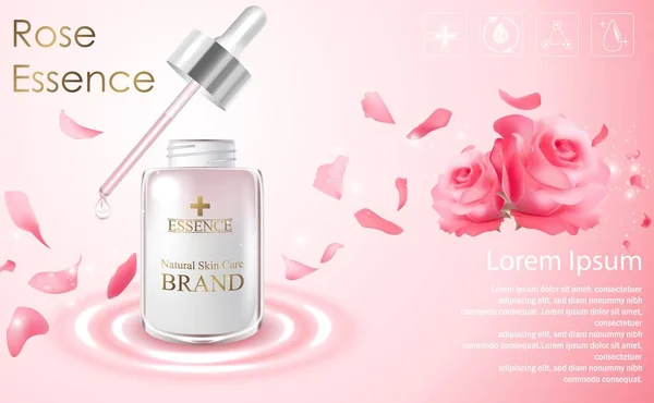Cosmetische advertenties sjabloon met essentie fles en rood rose op licht roze achtergrond — Stockvector