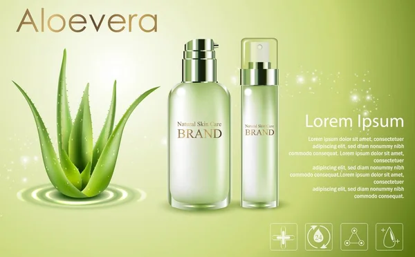 Aloe vera kosmetiska annonser, grön spray flaskor med aloe vera — Stock vektor
