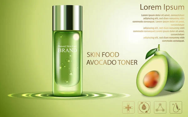 Güzellik kozmetik ürün poster, meyve avokado krem reklamları gümüş şişe paketi ile cilt bakım kremleri parlak yeşil parlak zemin üzerine — Stok Vektör