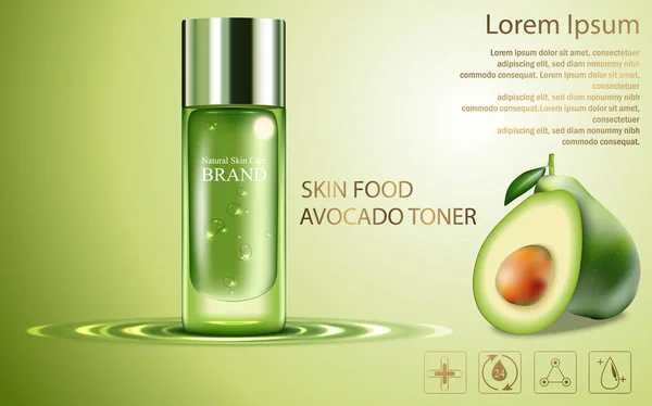 Affiche de produits cosmétiques de beauté, publicités de crème d'avocat aux fruits avec emballage bouteille d'argent crème de soin de la peau sur fond vert brillant étincelant — Image vectorielle