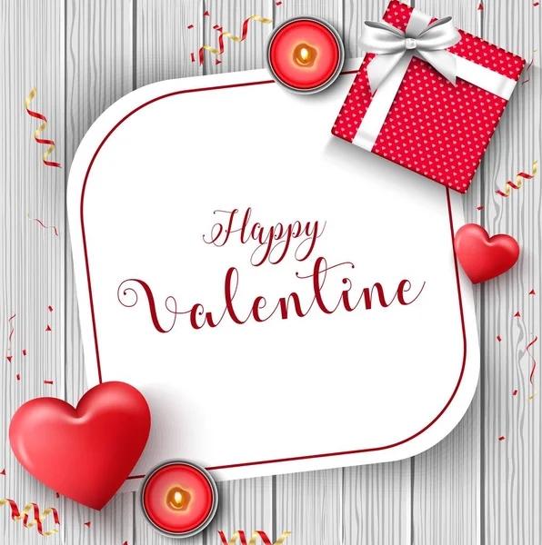 Feliz día de San Valentín saludo banner con caja de regalo, corazón rojo y velas en textura de madera — Archivo Imágenes Vectoriales