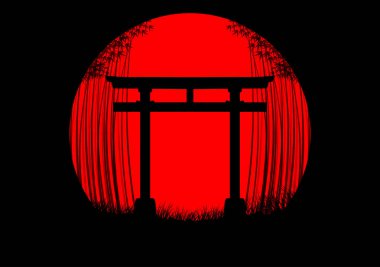 Bambu orman arka planda siyah siluet ve Japon kapısı ile Japon gündoğumu