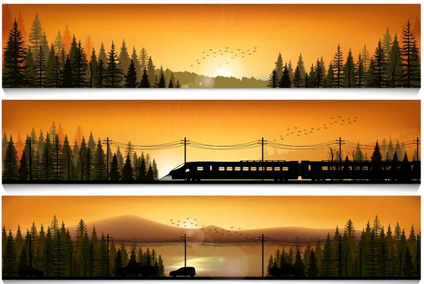 Banderas horizontales con el tren de alta velocidad y coches en el fondo del bosque paisajístico — Vector de stock