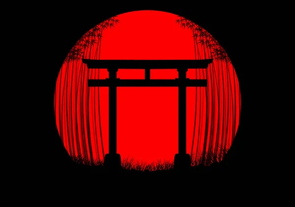 Бамбуковый лес на фоне японского восхода солнца с черным силуэтом и японскими воротами — стоковый вектор