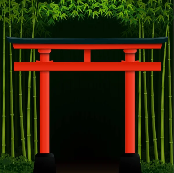 Тёмный бамбуковый лес с красными японскими воротами — стоковый вектор