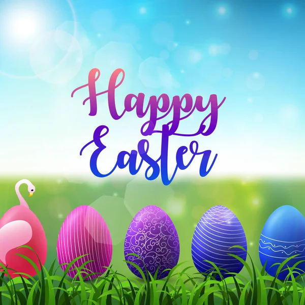 Fond de Pâques avec des œufs de Pâques colorés dans l'herbe sur fond de ciel ensoleillé — Image vectorielle