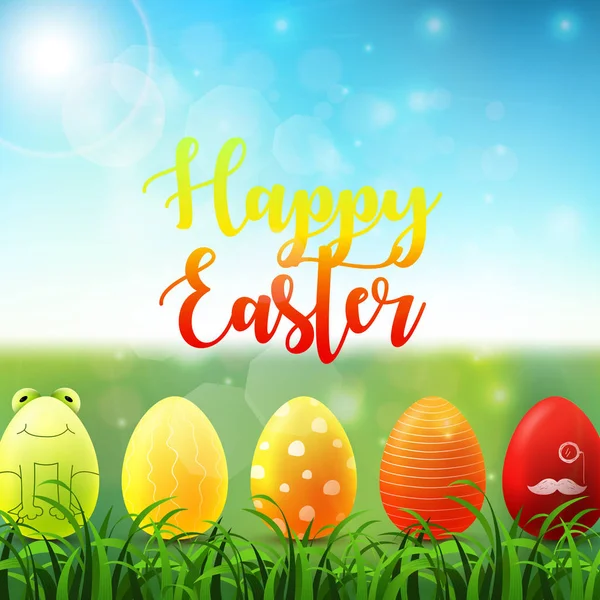 Fond de Pâques avec des œufs de Pâques lumineux dans l'herbe sur fond de ciel ensoleillé — Image vectorielle