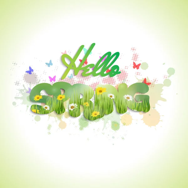 Texto de primavera con flores y mariposas — Vector de stock