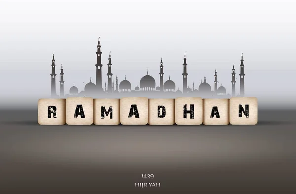 Felicitări Ramadan Kareem cu text Ramadan și moschee — Vector de stoc