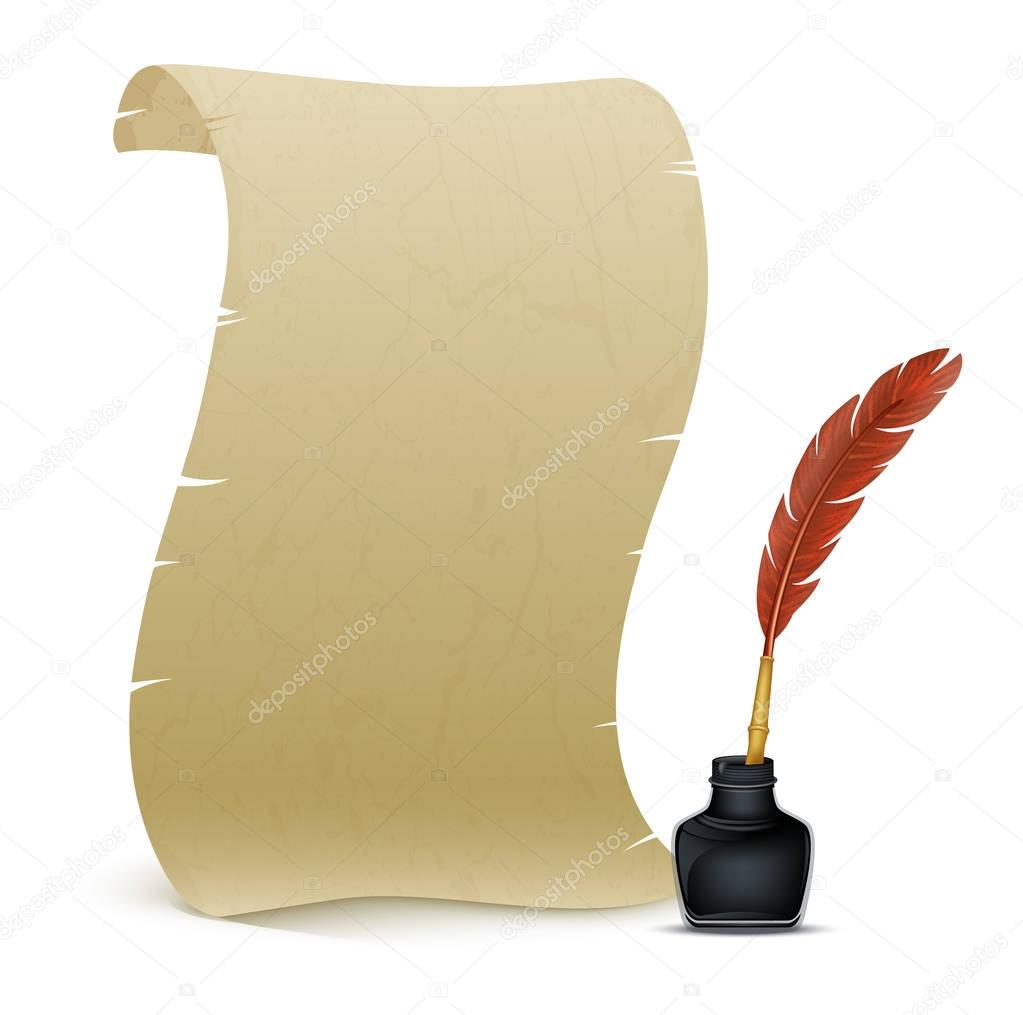 Ancient parchment with feather and inkwell