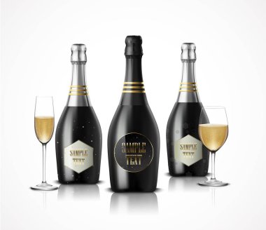 Bardağı siyah şarap şişe şampanya ile