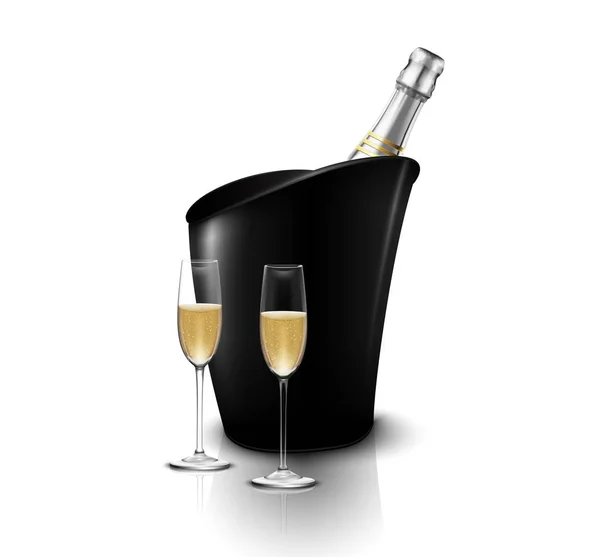 Borospohár és egy üveg pezsgő vödörben — Stock Vector