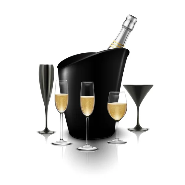 Verre à vin et une bouteille de champagne dans un seau — Image vectorielle