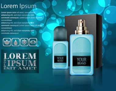 Paket kutu ile gerçekçi plastik parfüm şişeleri