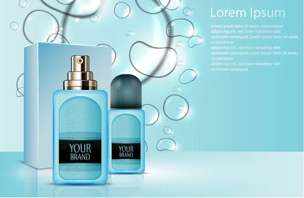 Frascos de perfume de plástico azul com caixa de embalagem — Vetor de Stock