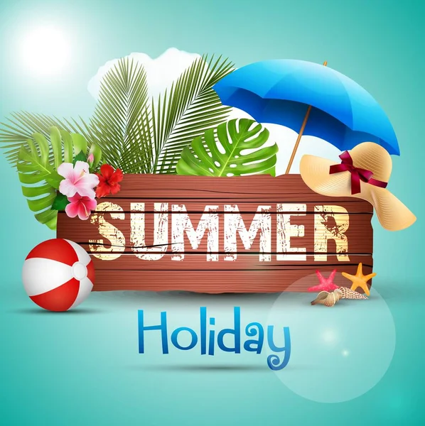 Vacances d'été avec fond en bois et feuilles de palmier — Image vectorielle
