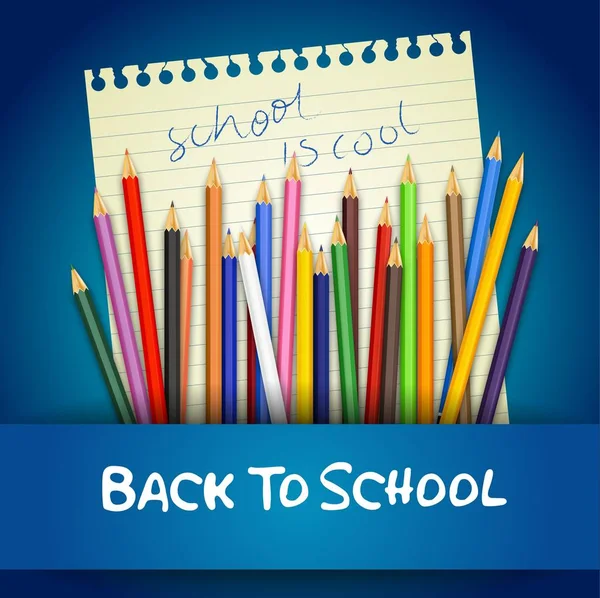 Voltar para a escola com lápis de cor em papel notebook — Vetor de Stock
