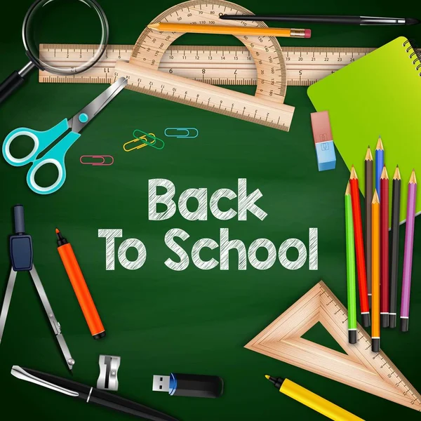 Voltar para a escola com materiais escolares coloridos — Vetor de Stock