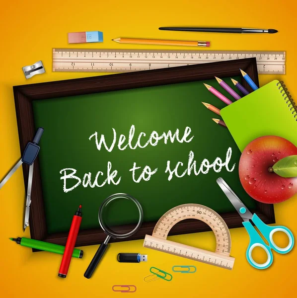 Bienvenido de nuevo a la escuela con útiles escolares — Vector de stock