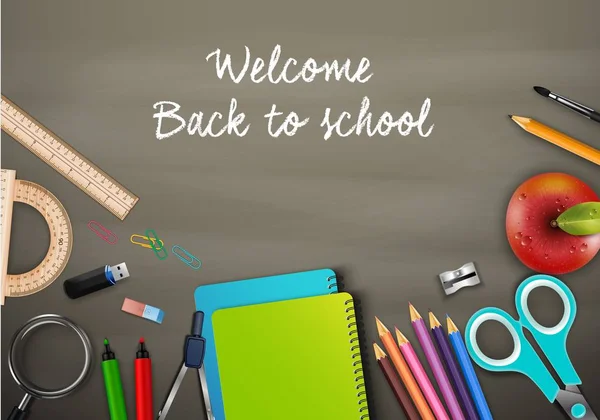 Bem-vindo de volta à escola com material escolar — Vetor de Stock