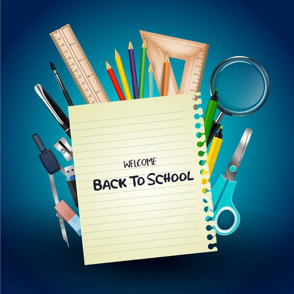 Välkommen tillbaka till skolan med skolmaterial och anteckningsboken papper — Stock vektor