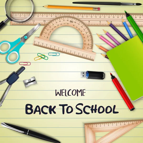 Bienvenido de nuevo a la escuela con útiles escolares en papel cuaderno — Vector de stock
