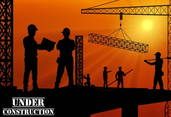Construction worker silhouette on the work place at dusk — Stock Vector