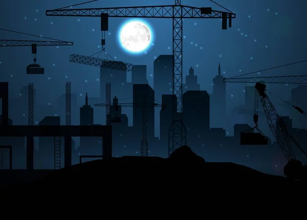 Lugar de construcción con grúas en el cielo nocturno y la luna — Vector de stock