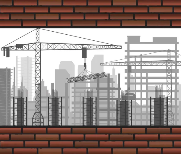 Construção edifício guindaste entre duas paredes de tijolo — Vetor de Stock