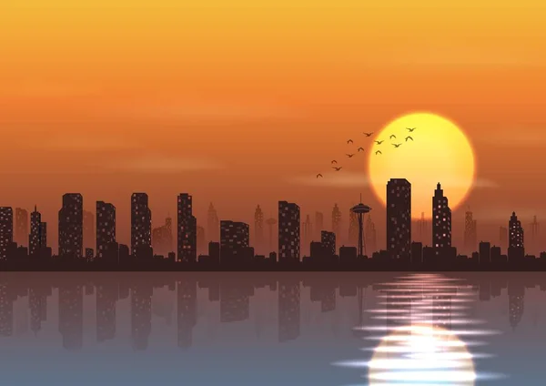 Ciudad al atardecer junto a un río — Vector de stock