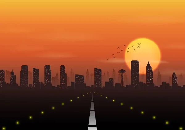 Camino a la ciudad al atardecer — Vector de stock