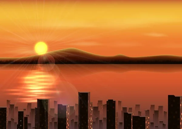 Zachód słońca tło z góry i miasta w rzece — Wektor stockowy