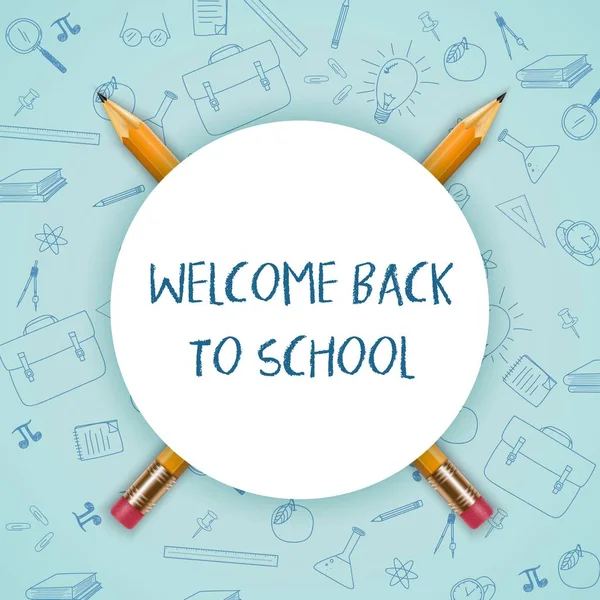 Bienvenido de nuevo a la escuela con letrero redondo y lápices — Vector de stock