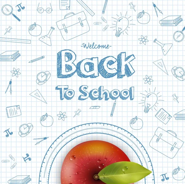 Bentornati a scuola con mela rossa — Vettoriale Stock