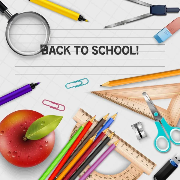 Καλώς ήλθατε πίσω στο σχολείο πρότυπο με σχολεία προμήθειες — Διανυσματικό Αρχείο