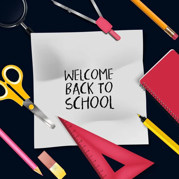 Καλώς ήλθατε πίσω στο σχολείο πρότυπο με σχολεία προμήθειες — Διανυσματικό Αρχείο
