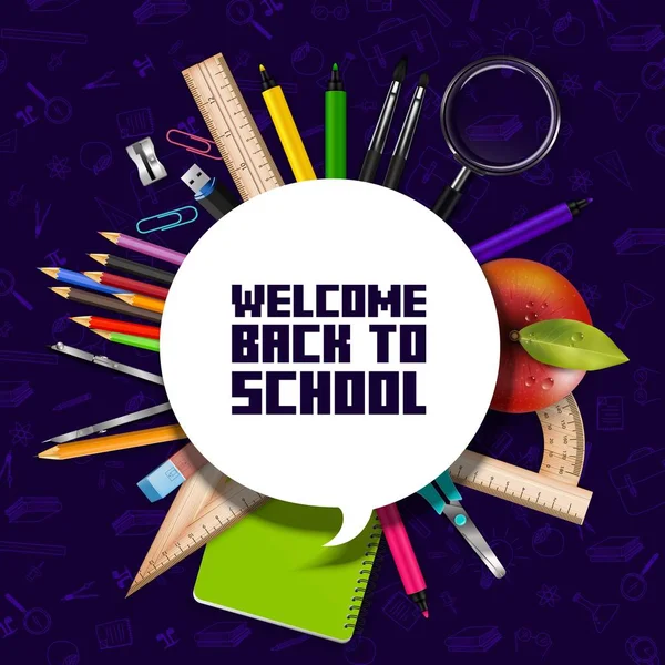 Καλώς ήλθατε πίσω στο σχολείο σημάδι με σχολεία προμήθειες — Διανυσματικό Αρχείο