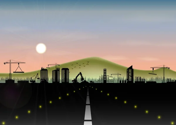 Carretera con sitio de construcción y paisaje de montaña — Vector de stock