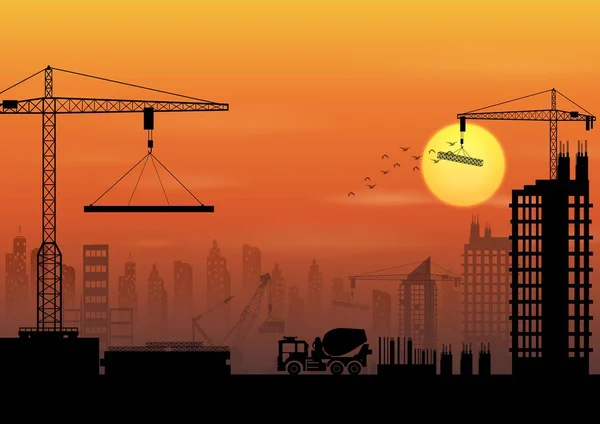 Silhouettes du chantier au coucher du soleil — Image vectorielle