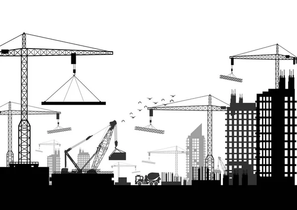 Silhouettes of cranes working on the building — Stock Vector