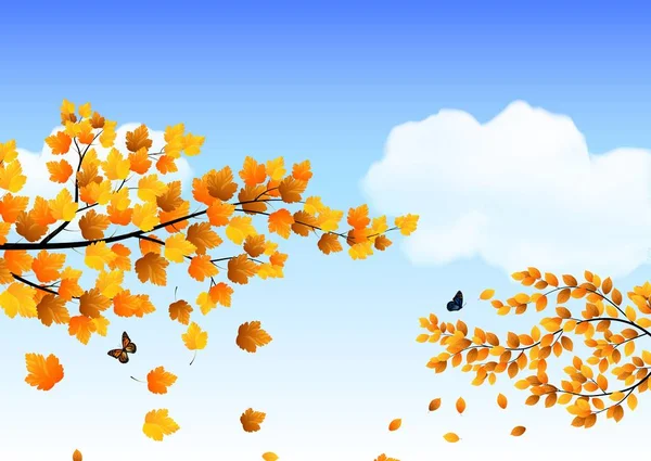 Hojas de otoño sobre un fondo de cielo azul — Vector de stock
